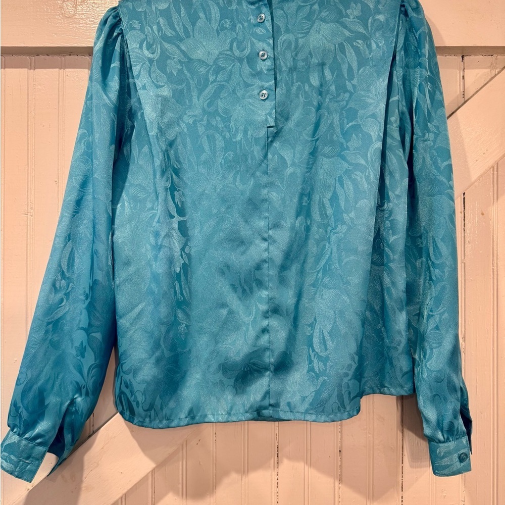 Vintage Teal Jacquard High Neck Satin Blouse Small - Picture 11 of 11